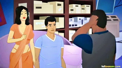 Animated Indian housewife in orange saree with surprised men in storage room cartoon