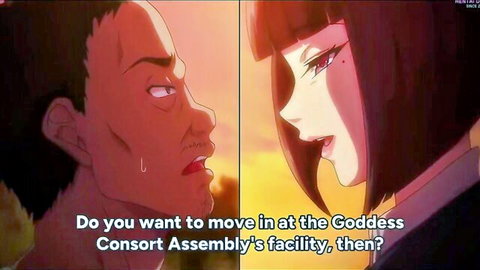 Anime femdom goddess with red eyes seductively invites intense sweaty man to her consort assembly facility