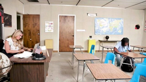 Lolly Dames as busty blonde MILF teacher with black student