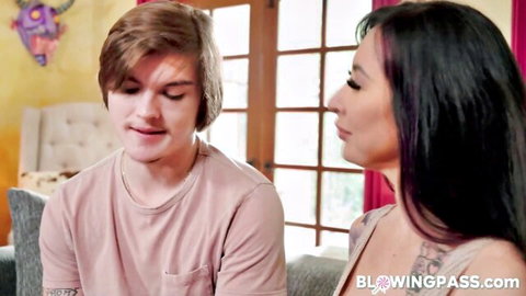 Lily Lane leans in close to stepson, teasing with cleavage in intimate scene