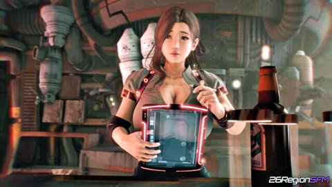 Sayuri in revealing sci-fi bar outfit holding beer and alien case
