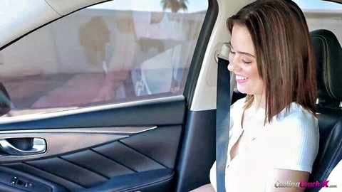 Ellie Nova smiling in revealing white top in car seat, Casting Couch-X