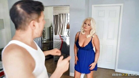Busty blonde MILF in sheer blue lingerie teases man with huge tits cleavage in bedroom