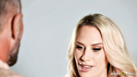 Blonde woman in close-up intimate face-off with man in Brazzers threesome preview