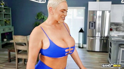 Kaden Kole blonde stepmom in tight blue sling bikini top showing huge tits