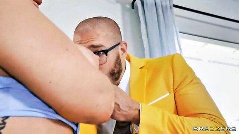 Bald man in yellow suit licks tanned babe's armpit in closeup foreplay