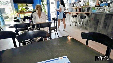 Blonde waitress in short blue skirt at cafe in POV creampie scene