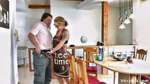 Busty blonde cougar in apron teased intimately before hard table fuck