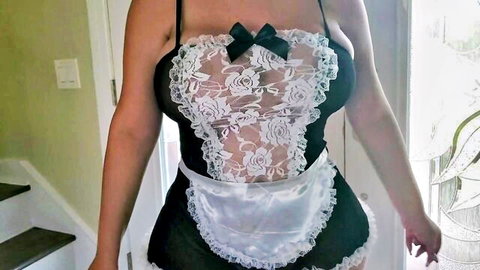 Busty brunette Latina MILF in sexy black lace maid lingerie teasing big tits and curves