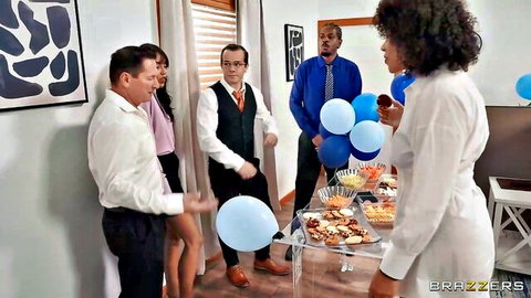 Vanessa's big ass office party with diverse group in suits and dresses
