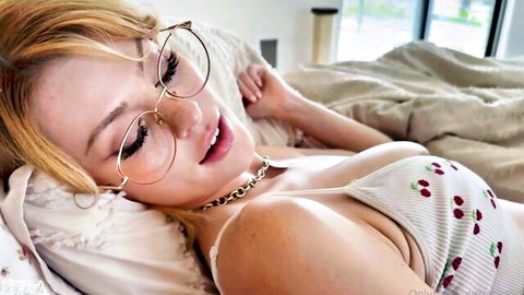 Seductive blonde stepmom in cherry-patterned lingerie and glasses
