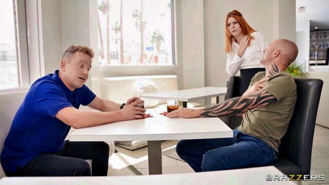Shocked redhead MILF in skirt watches tattooed hunk and older stud chatting tensely at white table