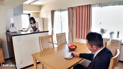 Rieko Hiraoka as seductive Japanese cheating wife in apron kitchen scene