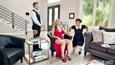 Energized curvy blonde in red dress in erotic threesome with ebony maid and butler