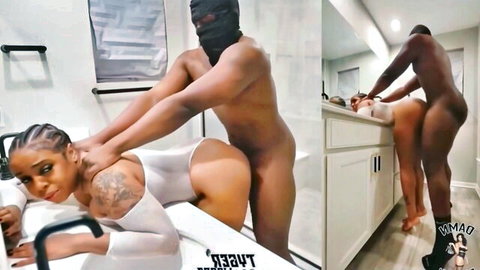 Ebony babe in white bodysuit bent over for masked black stud doggy style