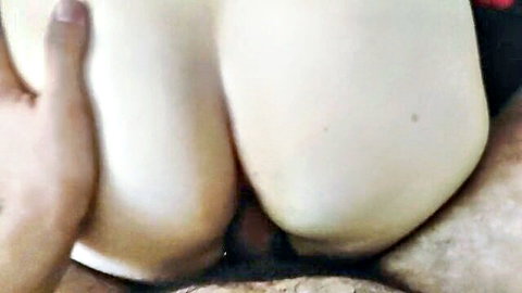 Man's hand spreads huge pale ass cheeks wide exposing tight pink anus and wet pussy in doggy style