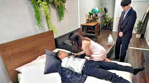 Japanese JAV wife swap threesome, lingerie woman rides suited man on bed while other watches