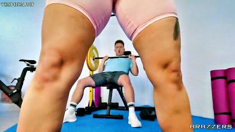 Payton Preslee's thick ass and thighs in pink shorts over man on gym bench