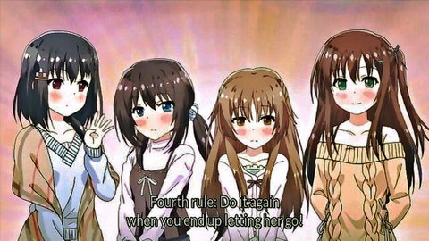 Four cute clothed anime girls posing with taboo 'fourth rule do it again' text overlay