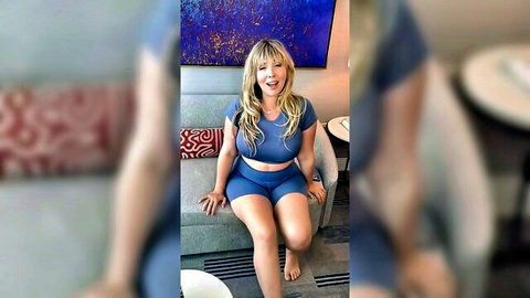 Lena Paul in tight blue crop top and shorts, seductive solo pose