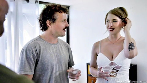 Curvy blonde in revealing lace-up white dress with big tits seduces two men holding drinks