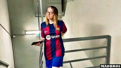 Blonde Emejota in Barcelona jersey fucked by PSG fans