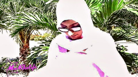 Mia Khalifa in white hijab and glasses, seductive gaze in palm garden