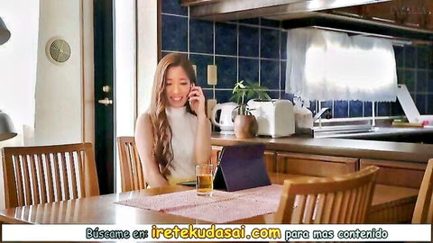 Asian woman in white top on phone call at table, JAV style