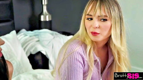 Blonde step sister and BFF in purple sweater teasing intimately