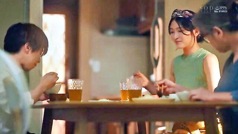 Suzu Honjo with two men sharing meal at table in JAV kissing setup