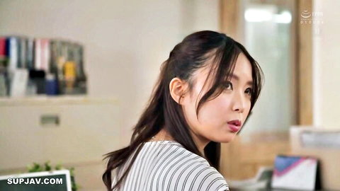 Japanese actress Ichiki in office, striped shirt, ponytail, seductive profile