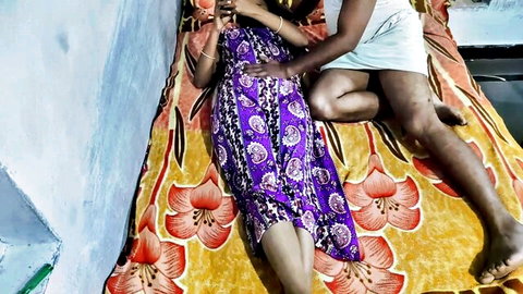 Hot Indian wife in purple dress spreads legs exposing hairy pussy as husband gropes her intimately