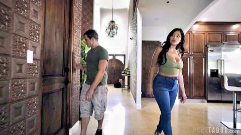 Curvy Latina Mona Azar in green crop top and tight jeans approaches Nathan Bronson at door in PureTaboo