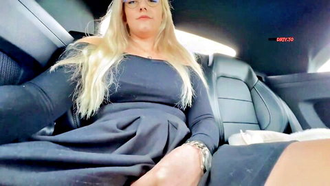 Blonde big tits woman spreads legs in tight dress teasing in car