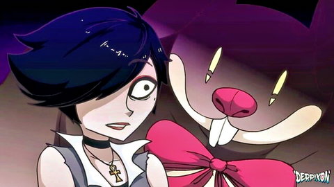 Anime girl surprised by looming bunny monster in hentai party game scene