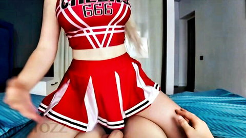 Blonde big-titted cheerleader in red uniform rides POV on stepbrother