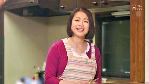 Maki Tomoda smiling in apron, mature Japanese MILF in kitchen JAV