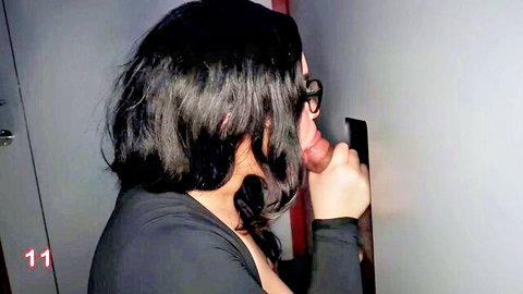 Princess Hanna's first glory hole visit, black-haired beauty in glasses giving intense blowjob