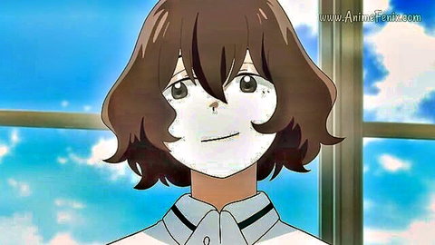 Anime girl with brown hair smiling in school uniform