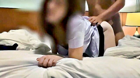 Thai schoolgirl in uniform gets creampied from behind, moaning loudly