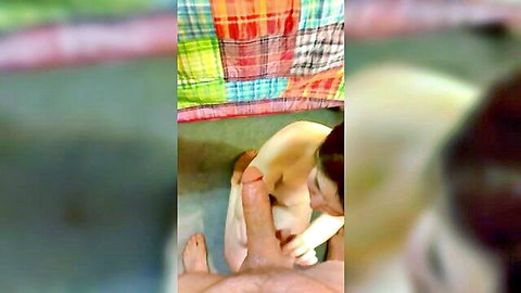 Amateur brunette bent over getting pussy toe-fucked by foot from behind on quilt bed