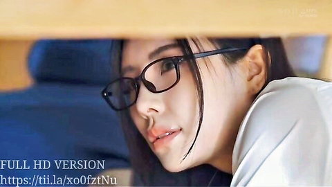 Asian beauty with glasses peeking seductively post-bath