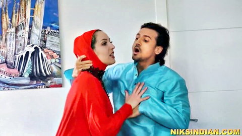 Liz Rainbow in red hijab gets massive tits grabbed by elder Indian man