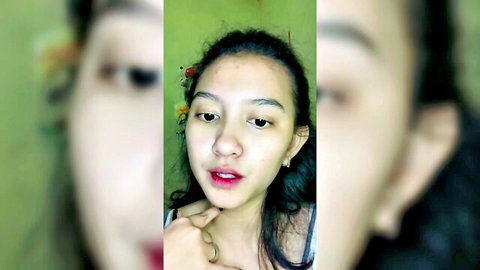 Cute Indonesian brunette teen pouting sexy red lips in amateur homemade selfie