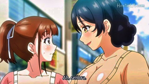 Anime hentai thumbnail of brown-haired ponytail girl and blue-haired woman in sweaters chatting