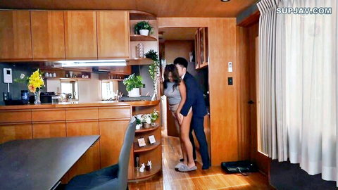 Pregnant Japanese wife bent over kitchen counter with bare pussy exposed for husband's cock