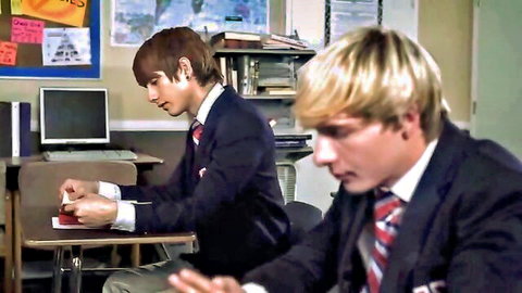 Two suited twinks in classroom prep for hardcore gay sex