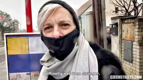 Mature Czech woman Isabella Mcnudes in mask at bus stop, public pickup tease
