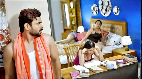 Indian housewife distressed in bedroom with man and woman, steamy threesome tease