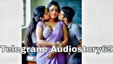Indian beauty in deep cleavage purple saree passionately kissed by young guy in classroom